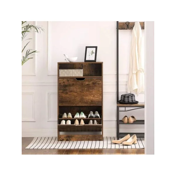 Meuble à chaussures marron rustique 2 abattants étagère à chaussures à 3 niveaux