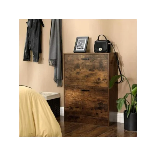 Meuble à chaussures marron rustique 2 niveaux rangement chaussures brun 2 abattants