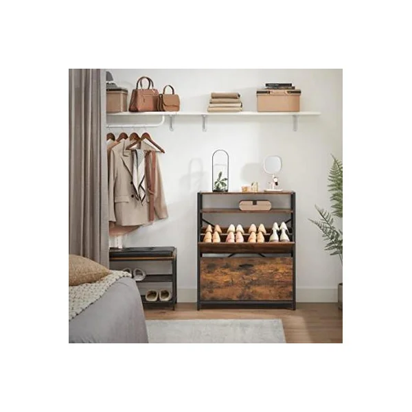 Meuble à chaussures marron rustique 2 niveaux rangement chaussures brun 2 abattants
