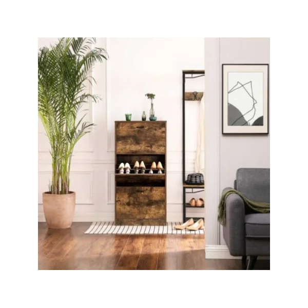 Meuble à chaussures marron rustique 3 niveaux rangement chaussure 3 rabats
