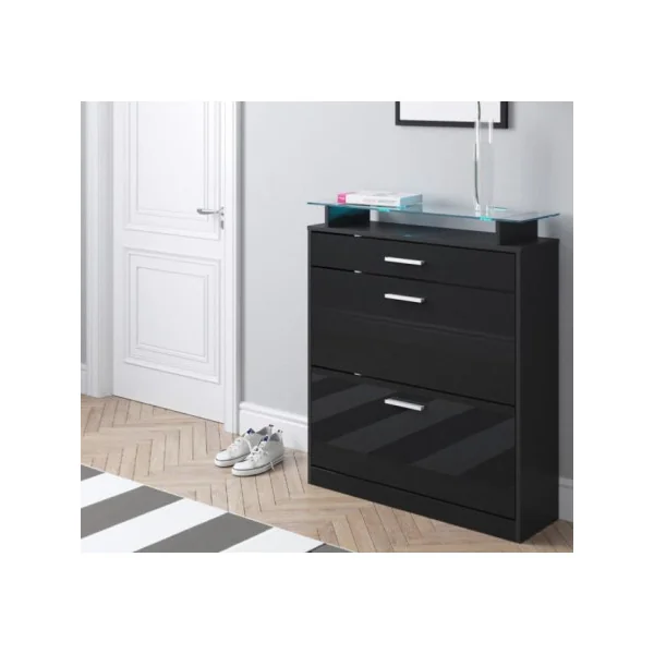 Meuble à chaussures noir avec plateau en verre LED rangement chaussures 2 abattants