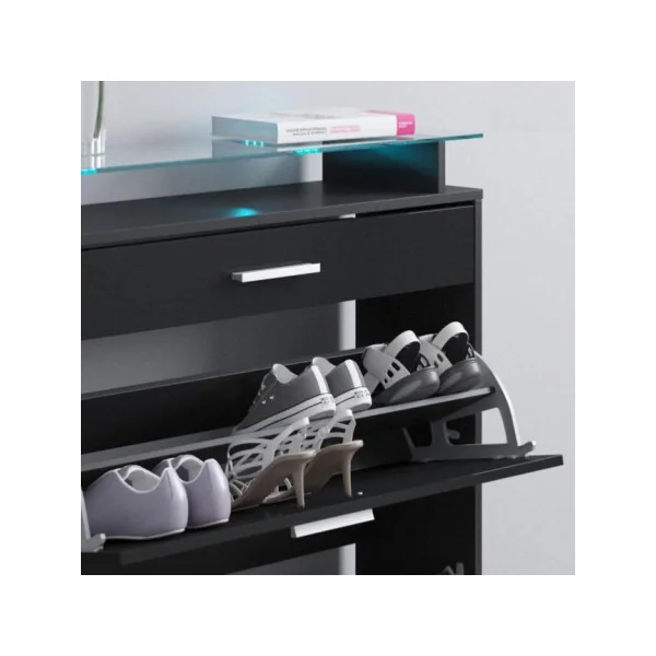 Meuble à chaussures noir avec plateau en verre LED rangement chaussures 2 abattants
