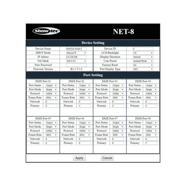 NET-8/5 Showtec - Node Artnet/Klingnet 8 univers DMX XLR 5 broches Showtec NET-8/5
