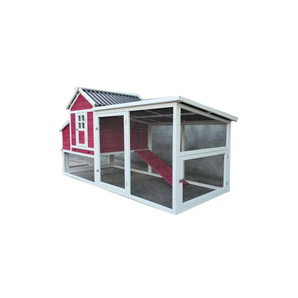 Poulailler Entraigues rouge framboise et blanc 6 à 8 poules poulailler bois avec enclos et toit en PVC costaud