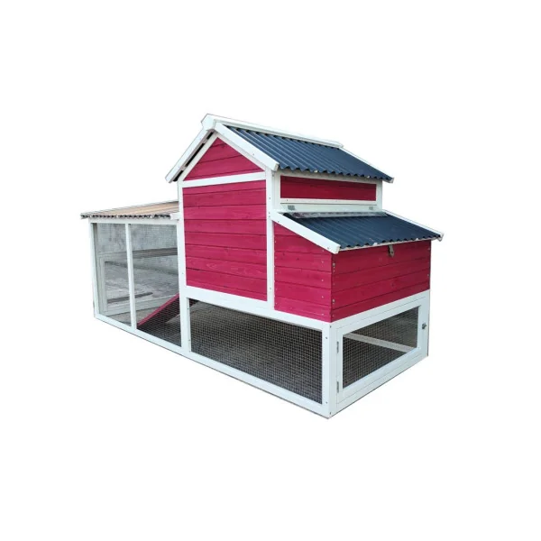 Poulailler Entraigues rouge framboise et blanc 6 à 8 poules poulailler bois avec enclos et toit en PVC costaud