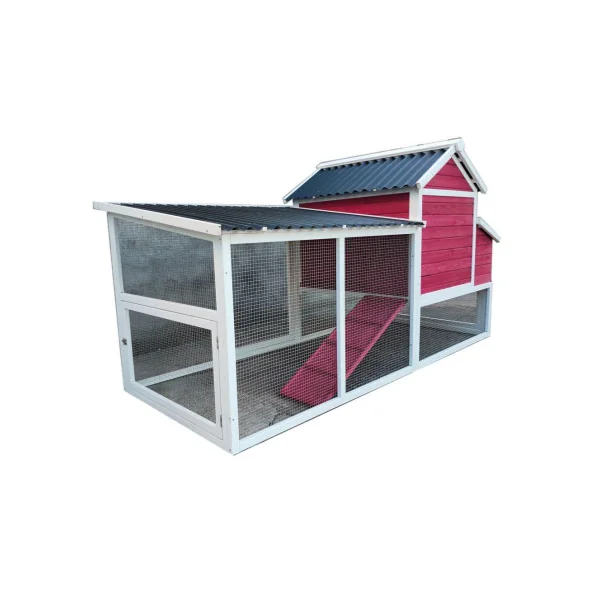 Poulailler Entraigues rouge framboise et blanc 6 à 8 poules poulailler bois avec enclos et toit en PVC costaud