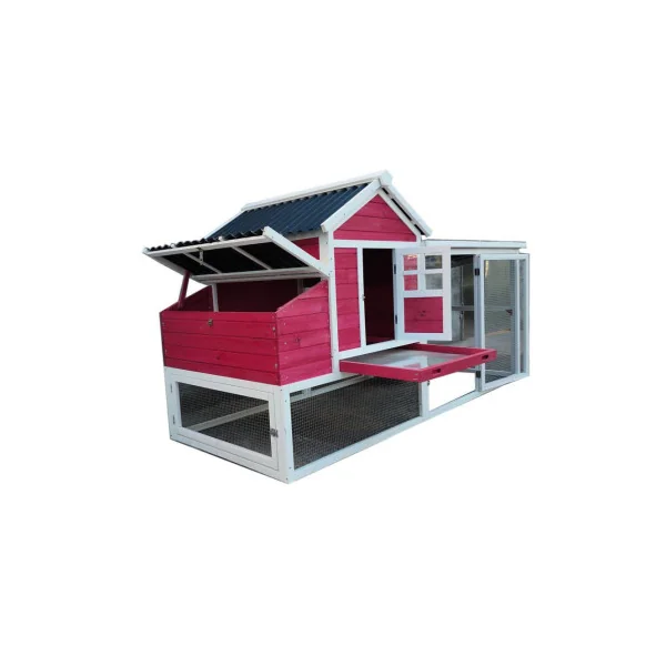 Poulailler Entraigues rouge framboise et blanc 6 à 8 poules poulailler bois avec enclos et toit en PVC costaud