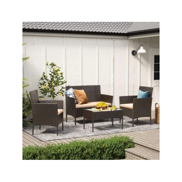 Salon de jardin 4 places résine tressée marron / taupe Canapé de jardin mobilier de jardin mobilier extérieur ensemble de jardin