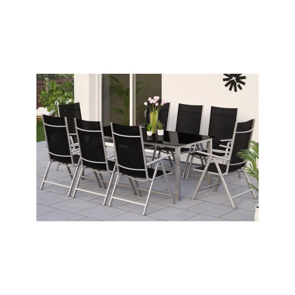 Salon de jardin 8 places en aluminium laqué table de repas plateau verre 5mm