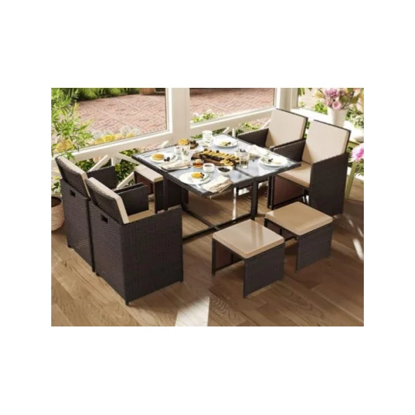 Salon de jardin encastrable 8 personnes résine tressé brun table de repas extérieur plateau verre