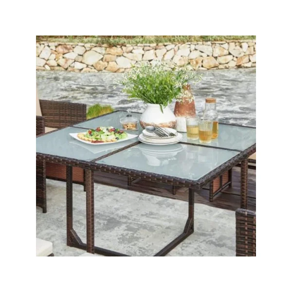 Salon de jardin encastrable 8 personnes résine tressé brun table de repas extérieur plateau verre