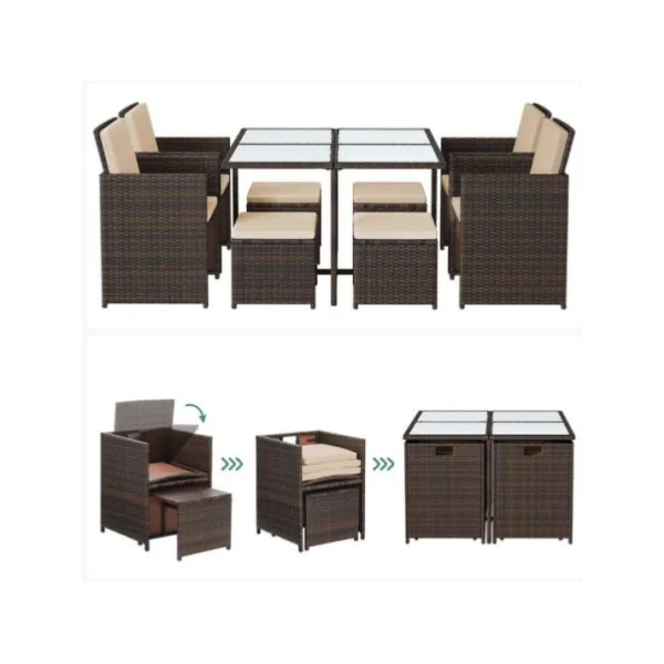 Salon de jardin encastrable 8 personnes résine tressé brun table de repas extérieur plateau verre