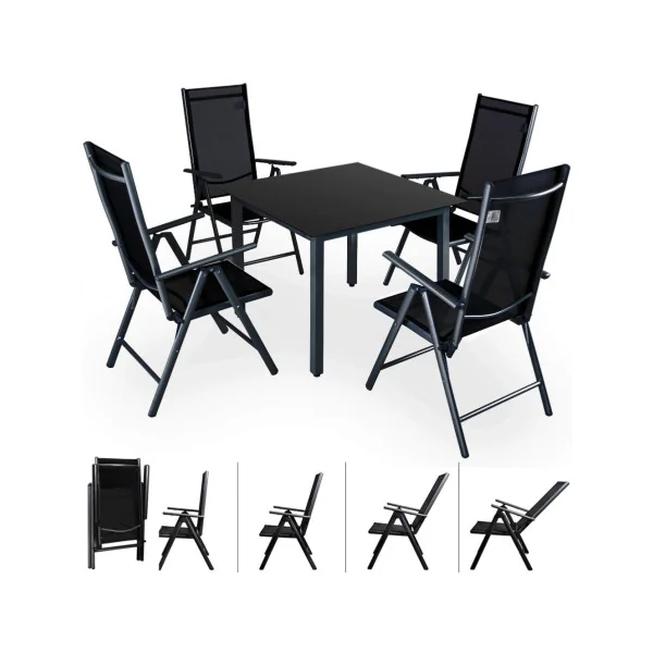 Salon jardin 4 places en aluminium anthracite table de jardin avec plateau verre 5mm avec 4 chaises pliantes