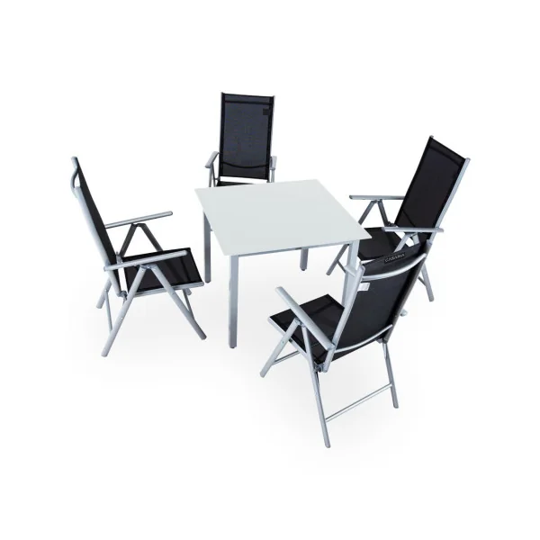 Salon jardin 4 places en aluminium table de jardin avec plateau verre 5mm avec 4 chaises pliantes