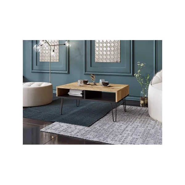 Table basse industrielle noir et chêne pieds épingles table salon brun rustique table basse en métal