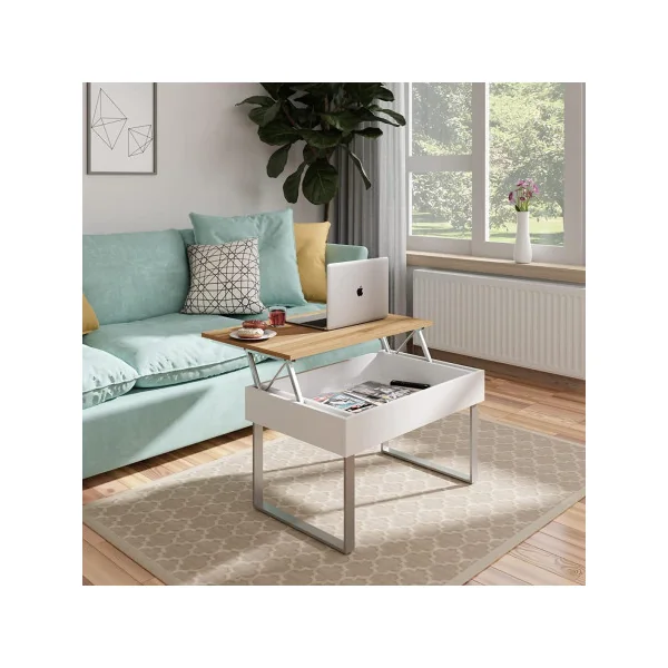 Table basse relevable avec rangement caché noyé et blanc table salon design