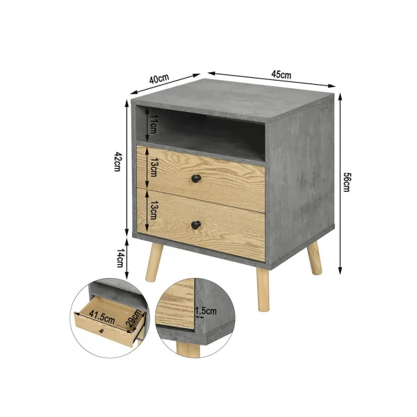 Table chevet 2 tiroirs gris et chêne x2 table nuit scandinave chevet chambre