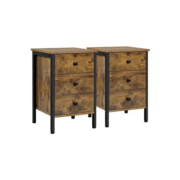 Table de chevet avec 3 tiroirs industrielle x2 table de nuit 3 tiroirs chevet chambre brun rustique