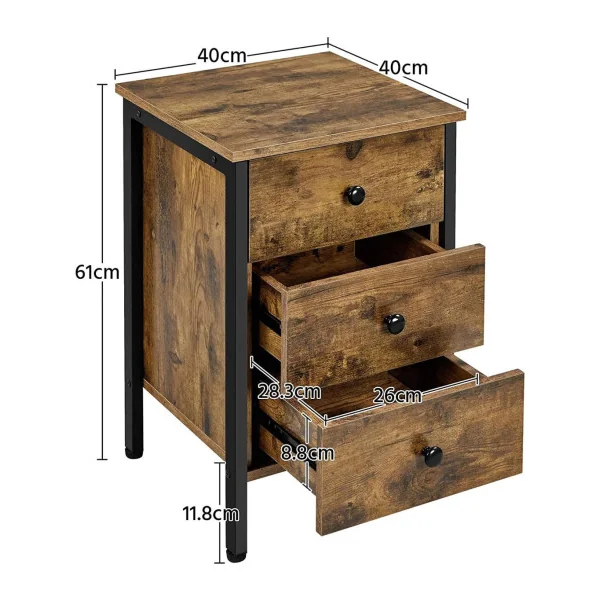 Table de chevet avec 3 tiroirs industrielle x2 table de nuit 3 tiroirs chevet chambre brun rustique