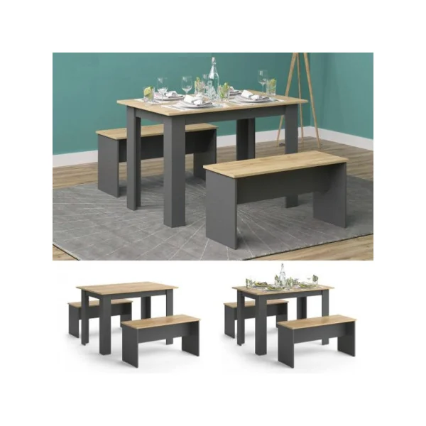 Table à manger avec 2 bancs chêne et anthracite table de repas bois table de cuisine