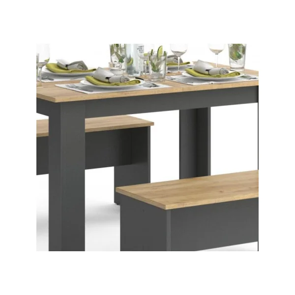 Table à manger avec 2 bancs chêne et anthracite table de repas bois table de cuisine