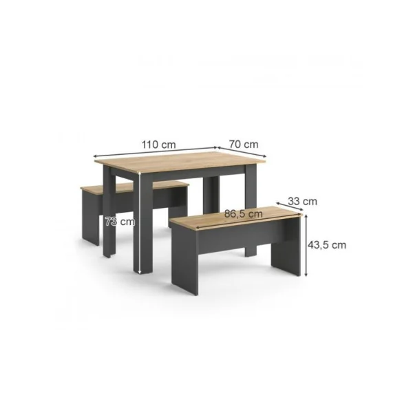 Table à manger avec 2 bancs chêne et anthracite table de repas bois table de cuisine