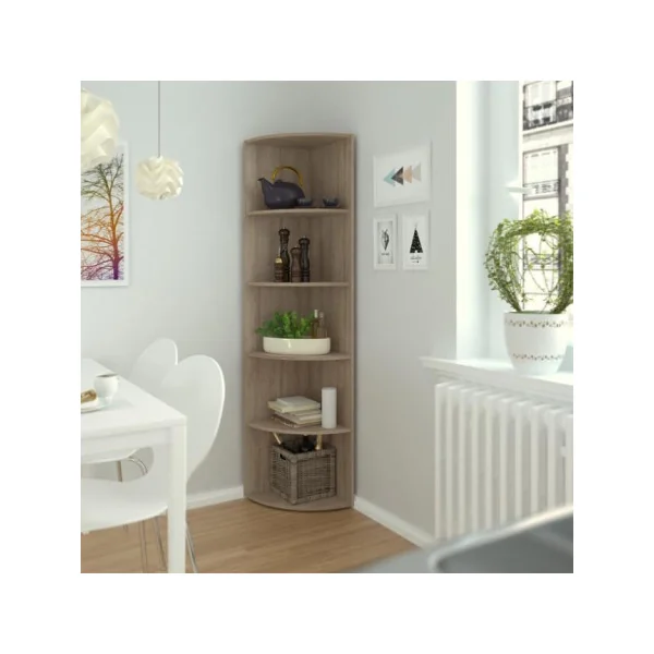 Étagère angle chêne 5 niveaux bibliothèque angle meuble rangement angle