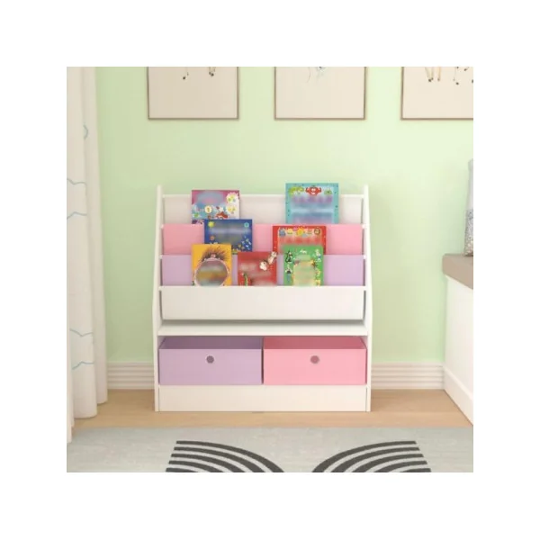 Étagère livres Montessori blanc rose violet 3 niveaux 2 tiroirs en tissu rangement enfant