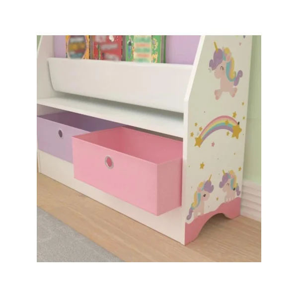 Étagère livres Montessori blanc rose violet 3 niveaux 2 tiroirs en tissu rangement enfant