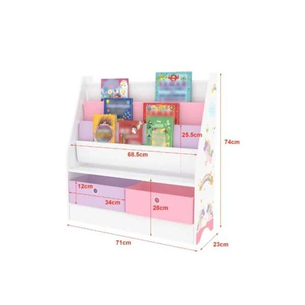 Étagère livres Montessori blanc rose violet 3 niveaux 2 tiroirs en tissu rangement enfant